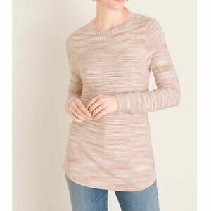 CHICO'S Women's Large Striped Knit Pullover Crew Neck Sweater Pink Cream Preppy